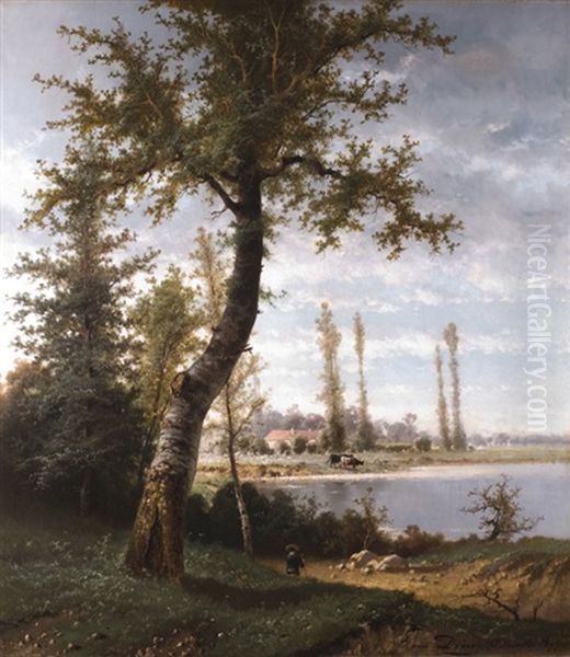 Baumlandschaft Mit Flussufer, Kuhen Und Einem Hirten Oil Painting by Henri Joseph Pieron