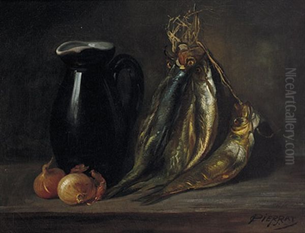 Stilleben Mit Geraucherten Bucklingen, Henkelkrug Und Zwiebeln Oil Painting by Nicolas Constant Pierrat