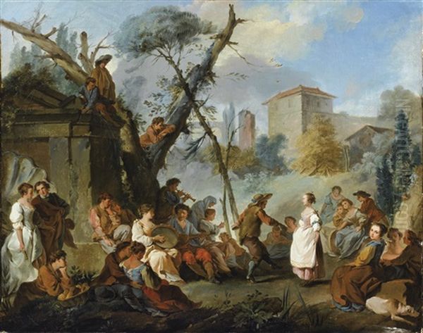 Paysage Avec Personnages Jouant De La Musique Et Dansant Oil Painting by Jean Baptiste Marie Pierre