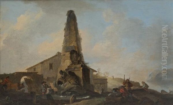 Des Bergers Avec Leur Troupeau Aux Abords De Rome Et Des Paysans Autour D'une Fontaine A Obelisque (pair) Oil Painting by Jean Baptiste Marie Pierre