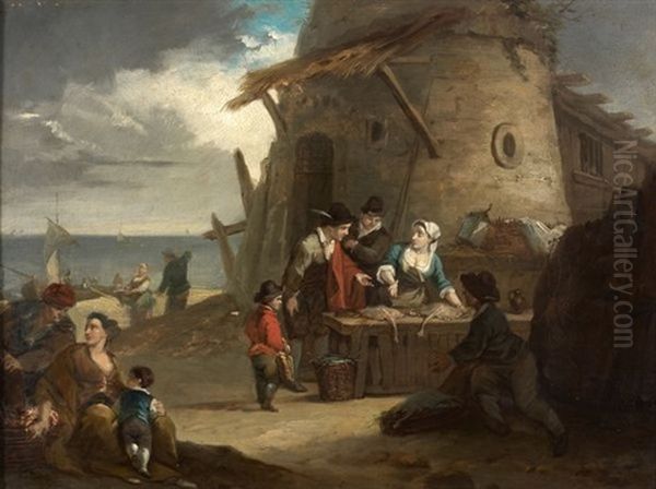 Marchande De Poissons Pres Du Port Oil Painting by Jean Baptiste Marie Pierre