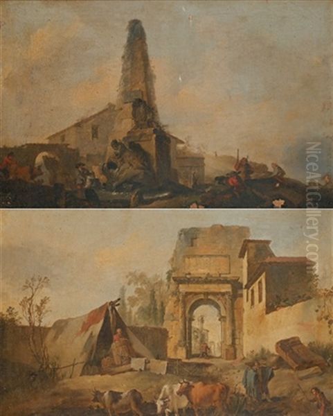 Paysage A La Fontaine En Obelisque (+ Berger Et Son Troupeau A L'entree D'un Village; Pair) Oil Painting by Jean Baptiste Marie Pierre