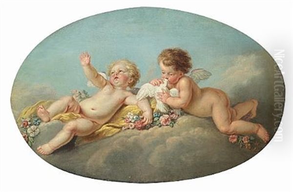 Cupid And A Putto Holding Garlands Of Flowers (+ Two Putti With A Dove And Garlands Of Flowers; Pair) Oil Painting by Jean Baptiste Marie Pierre