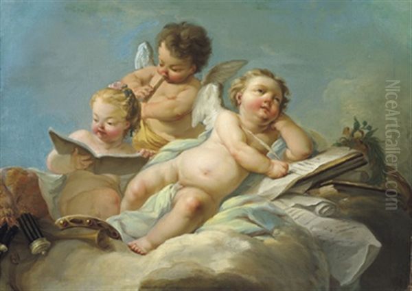 Drei Putten Auf Den Wolken Sitzend: Allegorie Der Musik Und Der Poesie by Jean Baptiste Marie Pierre