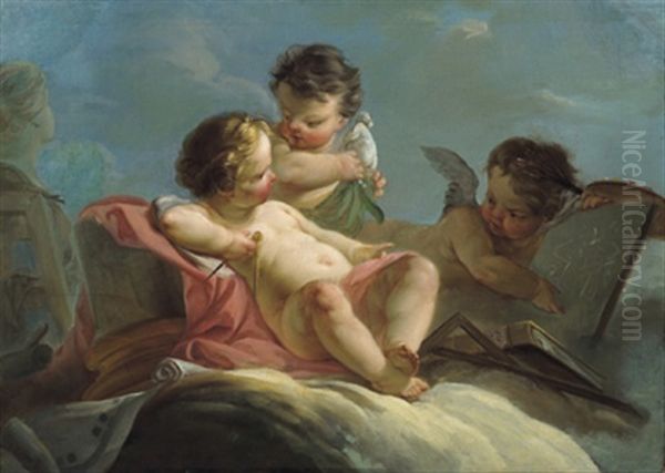 Drei Putten Auf Den Wolken Sitzend: Allegorie Der Architektur, Bildhauerei Und Malerei Oil Painting by Jean Baptiste Marie Pierre