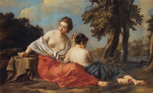 A Girl Tying Up Another Girl's Hair By A Riverbank Oil Painting by Jean Baptiste Marie Pierre