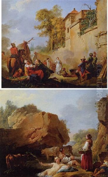 Military Encampment Beside A Town Wall With An Amorous Couple In The Foreground Oil Painting by Jean Baptiste Marie Pierre