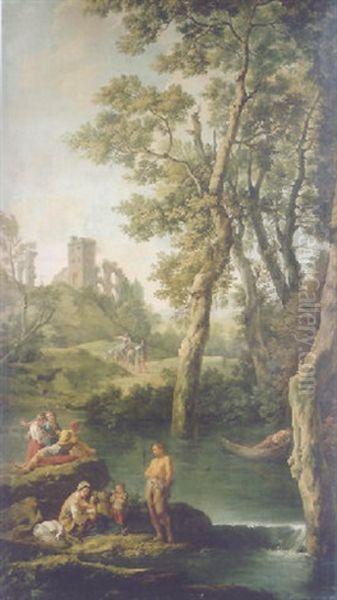 A River Landscape With A Peasant Family, A Man In A Boar, Fisherfolk And Travellers Oil Painting by Jean Baptiste Marie Pierre