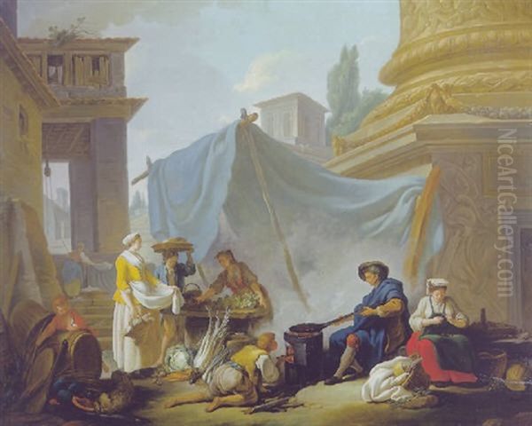 Traders In A Roman Marketplace Oil Painting by Jean Baptiste Marie Pierre