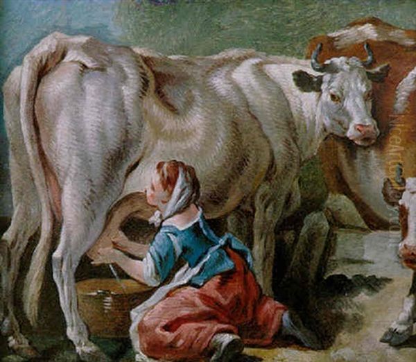 Jeune Fermiere Trayant Une Vache Oil Painting by Jean Baptiste Marie Pierre