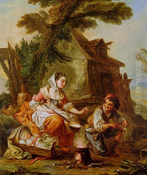 A Family Cooking Over A Brazier In A Landscape Oil Painting by Jean Baptiste Marie Pierre