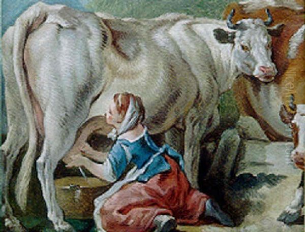 Jeune Fermiere Trayant Une Vache Oil Painting by Jean Baptiste Marie Pierre