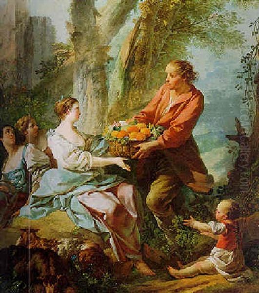 Pastoral Scene With A Young Man Presenting A Basket Of Fruit To A Young Woman Oil Painting by Jean Baptiste Marie Pierre