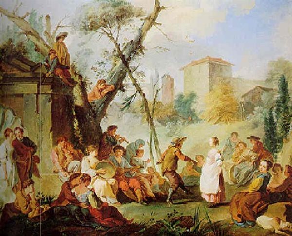 Landscape With Peasants Playing Music And Dancing by Jean Baptiste Marie Pierre