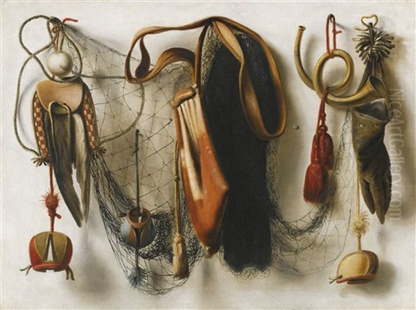 A Trompe L'oeil Still Life Of Hawking Equipment, Including A Glove, A Net And Falconry Hoods, Hanging On A Wall Oil Painting by Christoffel Pierson