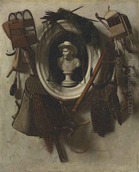 A Trompe L'oeil Of Gaming Equipment, With Nets, Falconry Hoods, Bird Cages, A Hunting Horne And A Glove, Hanging On A Wall, With A Bust In A Sculpted Niche Oil Painting by Christoffel Pierson