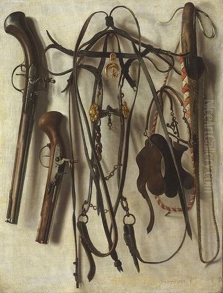 A Trompe L'oeil Of Hunting Equipment, Including A Bridle, Pistols, Whip, And Spurs, Hanging On A Wall Oil Painting by Christoffel Pierson