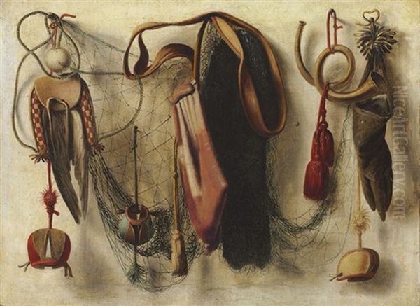 A Trompe L'oeil Of Hawking Equipment, Including A Glove, A Net, And Falconry Hoods, Hanging On A Wall Oil Painting by Christoffel Pierson