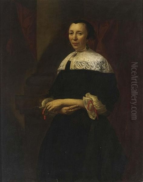 A Portrait Of A Lady Wearing A Black Dress With A White Lace Collar And Lace Cuffs With Red Ribbons Oil Painting by Christoffel Pierson