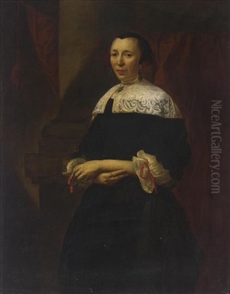 A Portrait Of A Lady, Standing Three-quarter Length, Wearing A Black Dress With A White Lace Collar And Lace Cuffs With Red Ribbons Oil Painting by Christoffel Pierson