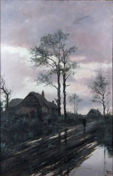 Continental Country Scenes With Thatched Cottages And Figures Oil Painting by John Henry Boel