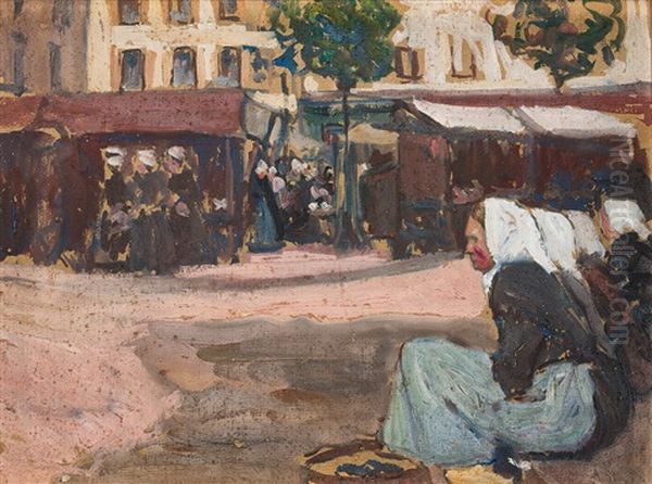 Marktszene - Im Vordergrund Vier Sitzende Frauen Oil Painting by Fernand Piet