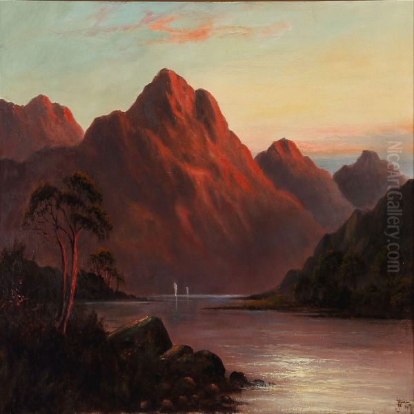 Sunset At Mountain Lake Oil Painting by John Henry Boel