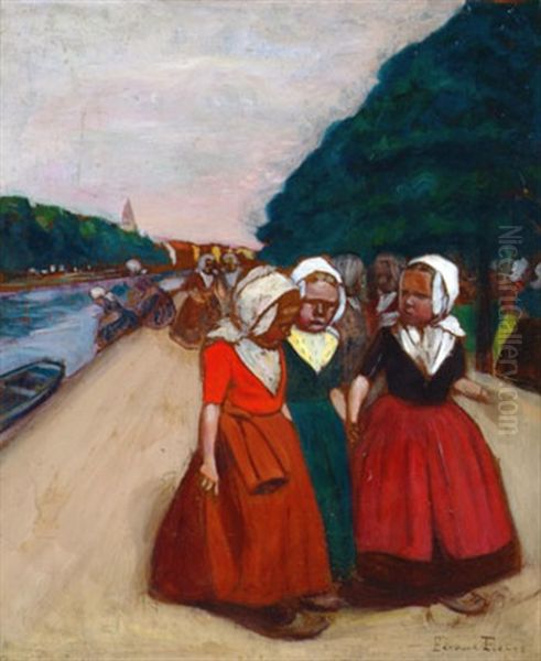 Promenade Des Fillettes Sur Le Halage Oil Painting by Fernand Piet