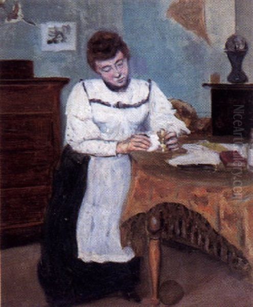 Frau Am Tisch Oil Painting by Fernand Piet