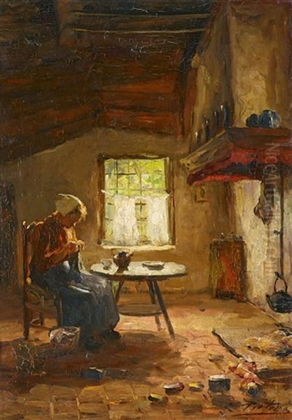 Hollandisches Interieur Mit Strickendem Madchen Oil Painting by Evert Pieters