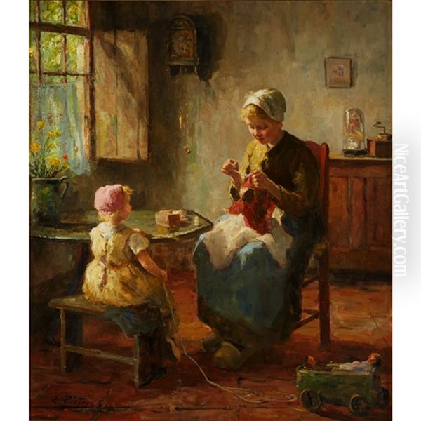 Mother And Child Knitting Oil Painting by Evert Pieters