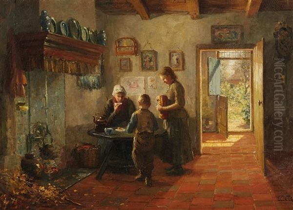 Dutch Interior With Mother And Children Oil Painting by Evert Pieters