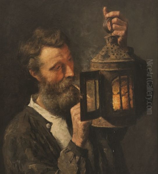 Vieil Homme Allumant Sa Pipe A La Bougie D'une Lanterne Oil Painting by Evert Pieters