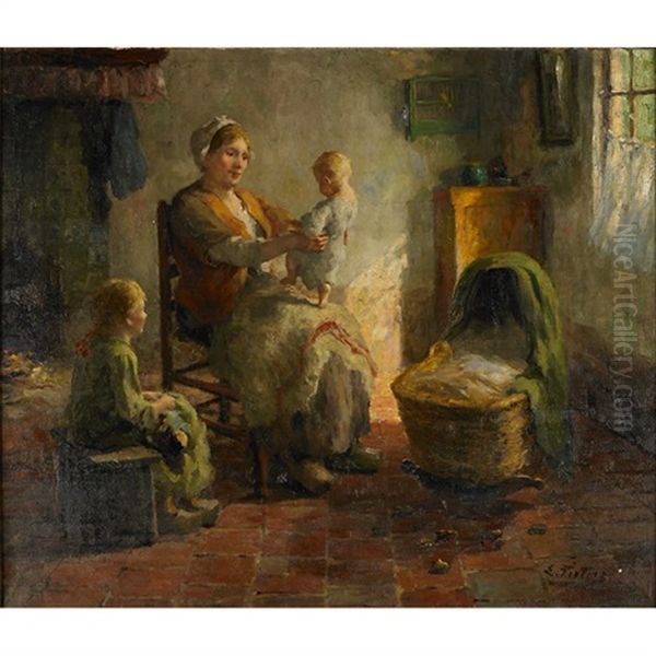 An Interior Scene With Mother And Children Oil Painting by Evert Pieters