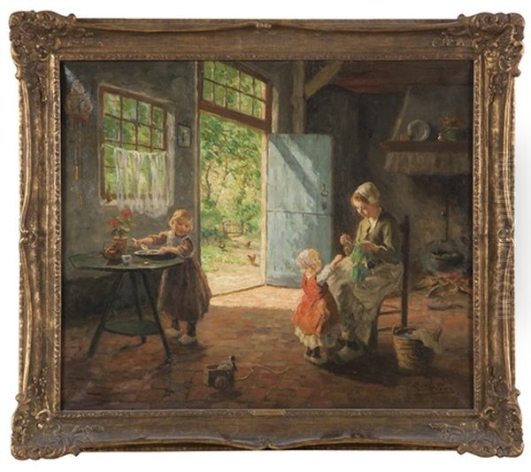 Woman And Children In A Dutch Interior Oil Painting by Evert Pieters