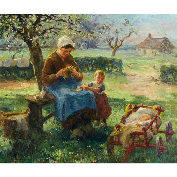 Mother And Her Children In A Spring Orchard by Evert Pieters