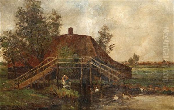 Femme A La Lessive Devant La Ferme, Paysan Sur Un Pont Oil Painting by Evert Pieters