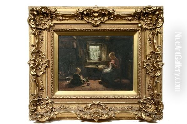 Mother And Daughter Sewing At Window's Light Oil Painting by Evert Pieters