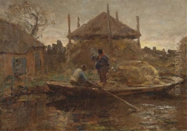 Two Farmers On A Praam Oil Painting by Evert Pieters