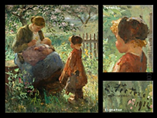 Mutter Und Kind Beim Blumenpflucken Im Garten Oil Painting by Evert Pieters