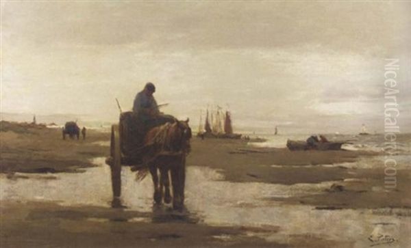 Shell-gatherer On The Beach At Scheveningen Oil Painting by Evert Pieters