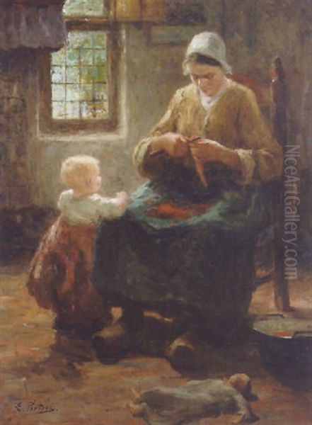 A Mother And Child In An Interior Oil Painting by Evert Pieters