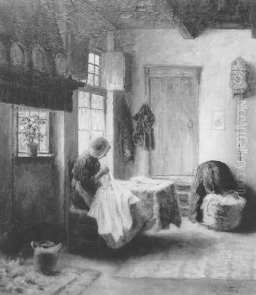 Larens Interieur Met Handwerkende Vrouw Oil Painting by Evert Pieters