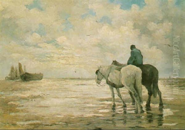 Fishermen With Horses And Fishing Vessels On A Beach Oil Painting by Evert Pieters