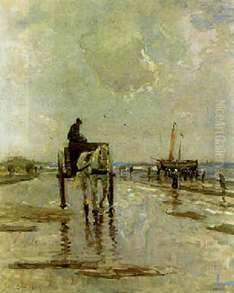 A Horse-drawn Cart On A Beach Oil Painting by Evert Pieters