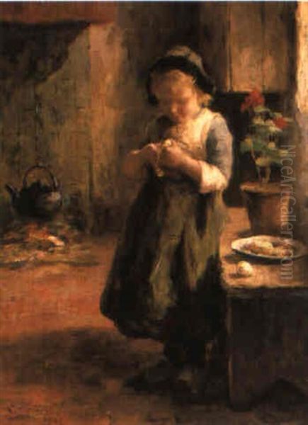 A Young Girl Peeling Fruit Oil Painting by Evert Pieters