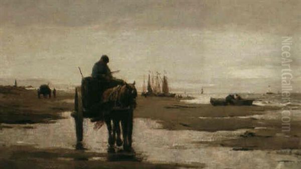 A Horse-drawn Cart On The Beach Oil Painting by Evert Pieters