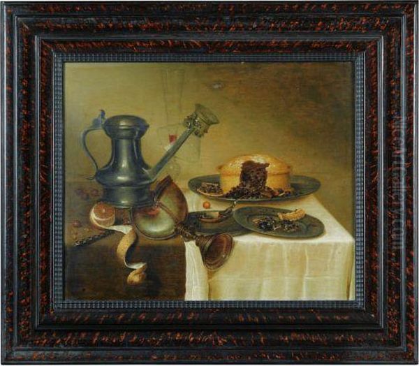 Nature Morte Au Pichet, Citron, Tourte Et Vase Nautile Sur Unentablement De Bois Oil Painting by Maerten Boelema De Stomme