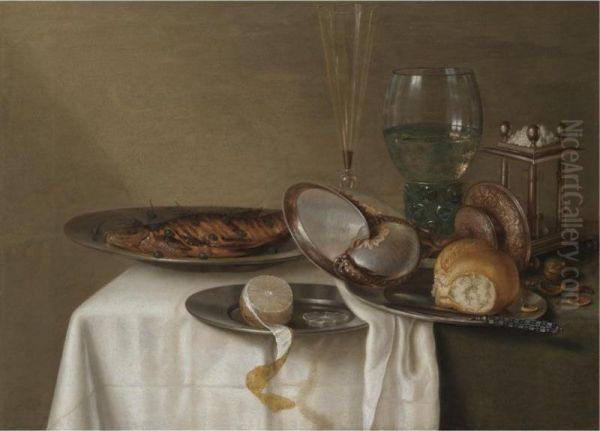 A Still Life With A Half-peeled Lemon On A Pewter Dish, A Dried Fish With Capers, A Wine Glass, Roemer, Triangular Salt Cellar And A Nautilus-shell Cup On A Table Covered With A Dark Cloth And White Napkin Oil Painting by Maerten Boelema De Stomme