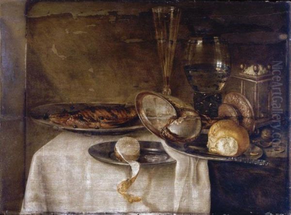 A Still Life With A Roemer, A Tall Wine-glass, A Nautilus Cup, Pewter Plates, Lemons, A Knife And Other Objects, All Arranged On A Partly-draped Table Oil Painting by Maerten Boelema De Stomme